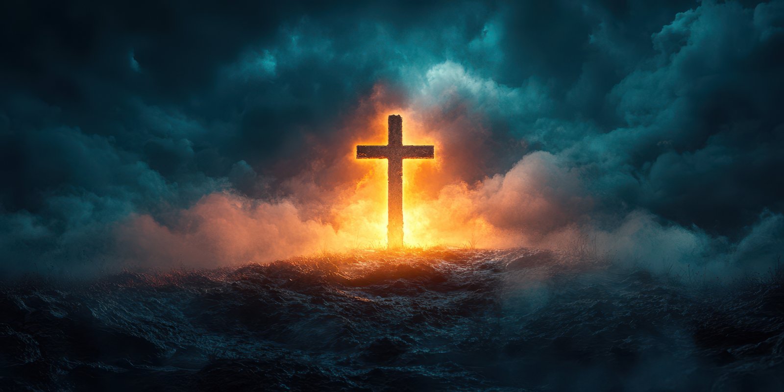 Powerful illuminated cross rises above stormy sea during twilight hours